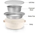 Exploded view of portable charcoal grill with mesh, basin, water tray, and base. - Grill Set (Without Baking Tray)