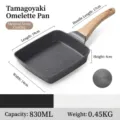 Japanische Tamagoyaki-Pfanne, rechteckig, Maifan-Stein, Antihaftbeschichtung, Holzgriff - Pfanne mit Wärmeleitplatte / Schwarz