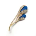 Elegant gold tone rhinestone flower brooch with blue bud design for women and girls daily wear - D-1301 Blue