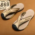 Heren lichte casual lederen teenstappers sandalen zomer buiten strand flip flops man. - 38 / Khaki