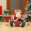 Christmas plush snowman doll desktop ornament featuring knitted bear hat and festive outfit - Sitting With Bear Hat / Snowman