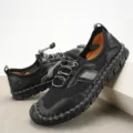 Heren casual schoenen van leer en mesh, ademende outdoor schoenen met handgestikte details hoofdview. - 39 / Zwart
