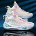 High-top basketball shoes for men and women, breathable mesh upper with stylish pink and blue accents. - 38 / Beige