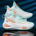 White high-top basketball shoes with cyan and orange accents, breathable mesh sports sneakers. - 38 / White Green