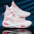 White and pink high-top basketball shoes, breathable mesh sneakers for sports and casual wear - 38 / White and Pink Gradient