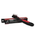 Pet dematting rake with red and black handle, professional pet grooming tool for dogs. - Shaped Side Dematting Comb