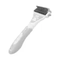 Pet dematting rake with stainless steel blades and anti-slip handle for grooming dogs and cats. - Double-Sided Dematting Rake with Paw Print
