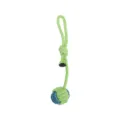 Dog teething cotton rope toy with loop handle and woven knot ball in green and blue. - Hanging Ball