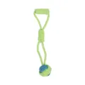 Juguete de cuerda duradero para perros con mango verde y bola azul para masticar. - Mango con bola colgante