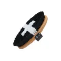 Wooden horse grooming brush with black and white bristles and leather strap variant. - Plastic Filaments