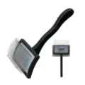 Black handle pet slicker brush with fine metal pins and transparent retail packaging. - 902 / M Black