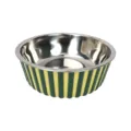 Durable stainless steel pet bowl featuring green and yellow striped design for dogs and cats - Large Striped Style + Metal Bowl Set / Yellow