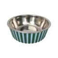 Stainless steel pet bowl with green blue stripes, non-slip dog and cat food bowl variant. - Large Striped Style + Metal Bowl Set / Blue