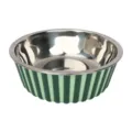 Pet stainless steel feeding bowl with green striped non-slip base for cats dogs. - Extra Large Striped Style + Metal Bowl Set / Green