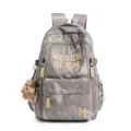 Grey camo school backpack detail, large capacity student bookbag with cute plush dog pendant. - Without Pendant / Khaki