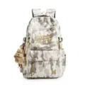 Detail of grey camo backpack featuring front zipper, bold letter embroidery, and cute plush charm. - Without Pendant / White
