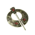 Vintage Viking penannular brooch Celtic knot metal cloak pin with red stones jewelry accessory - Bronze