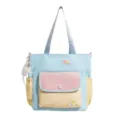 Leuke canvas shopper tas met colorblock en voorvak, grote schoudertas voor jonge meisjes. - Shoulder Bag / Zonder Hanger / Blauw