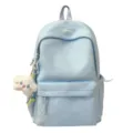 Vista dettagliata della parte anteriore dello zaino in nylon azzurro con tasca e ciondolo. - Blu
