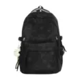 Detail view of black school backpack featuring star print pattern and zipper pockets. - Without Pendant / Black