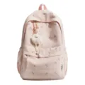 Rosa Rucksack Detail mit feinem Blättermuster und einem süßen flauschigen weißen Plüschtier-Anhänger. - Groß (Ohne Anhänger) / Rosa