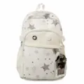 Detailed view of white cute star pattern student backpack front pocket badge and pendant - Single Bag / White