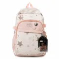 Cute Japanese star nylon backpack detail showing front embroidered text and chic hanging photocard. - Single Bag / Pink