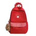 Roter süßer Karo-Rucksack mit Bärenstickerei und hübschem Welpen-Schlüsselanhänger für Schüler. - Groß (Ohne Anhänger) / Rot