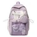 Vue détaillée du joli cartable d'étudiant violet et blanc avec poche avant en filet. - Violet