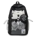 Sac à dos étudiant colorblock mignon grande capacité léger sac d'école vue détaillée. - Noir