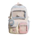 Vue détaillée du mignon sac à dos d'étudiant bicolore pastel avec fenêtre transparente et dentelle. - Bleu