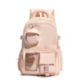 Vista dettagliata dello zaino da studente in nylon rosa con un simpatico orsetto. - Rosa