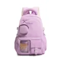 Dettaglio ravvicinato dello zaino scolastico in nylon viola con finestra e simpatico orsetto. - Viola