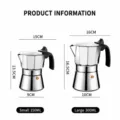 Stainless steel moka pot size chart and detailed product dimensions for home coffee brewing. - 150ml / S