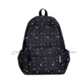Detail view showing the star print detail, front pocket, and side storage of the backpack. - L / Black