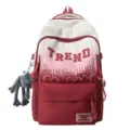 Detailed view of the gradient school backpack featuring trendy letter print and a cute doll pendant. - Without Pendant / Red