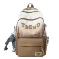 Gradient backpack detail showing canvas texture, trendy letter print, and cute doll pendant. - Khaki