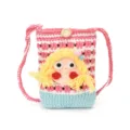 Süße gehäkelte Handytasche mit Cartoon-Puppen-Design, stylische rosa gestreifte Umhängetasche. - Hellrosa