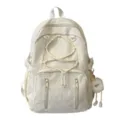Minimalist nylon backpack with drawstring and plush pendant, casual daily school daypack. - Without Pendant / White