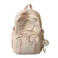 Pink Japanese style minimalist drawstring large capacity school backpack with cute fluffy keychain. - Without Pendant / Pink