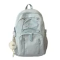 Light blue casual backpack with bungee cords and cute plush charm, spacious daily school bag. - Blue