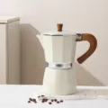 Large white aluminum moka pot with wood-grain handle, classic octagonal espresso maker. - 1 Cup (50ml) / White