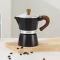 Italian aluminum moka pot, black octagonal coffee maker with wood-grain handle and knob. - 3 Cups (150ml) / Black