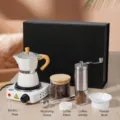 Off-white moka pot 7-piece gift set with electric stove, grinder and coffee accessories for home. - 220V China Three-Prong Plug / White