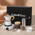 7-piece white moka pot set with electric stove, grinder, and coffee accessories gift box. - 220V China 3-Pin Plug / White