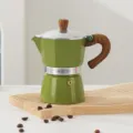 Green aluminum moka pot with wood grain handle, classic 8-cup Italian coffee maker for home. - Green