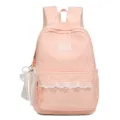 Nahaufnahme des rosa Polka-Dot-Rucksacks mit zarter weißer Spitzenborte und Anhänger. - Ohne Anhänger / Rosa