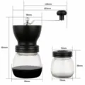 Manual coffee grinder size chart with glass jar and stainless steel handle dimensions. - Double Jar Glass Grinder Regular Style