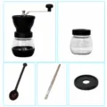 Manual coffee grinder set with sealing jar, spoon, brush and silicone lid for home use. - Double Jar Glass Grinder Single Bearing Measuring Spoon Wooden Brush