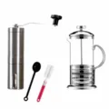 RVS hand koffiemolen en glazen cafetiere set met leepje en borstel voor koffie liefhebbers - Roestvrijstalen koffiemolen & 350 ml Franse pers